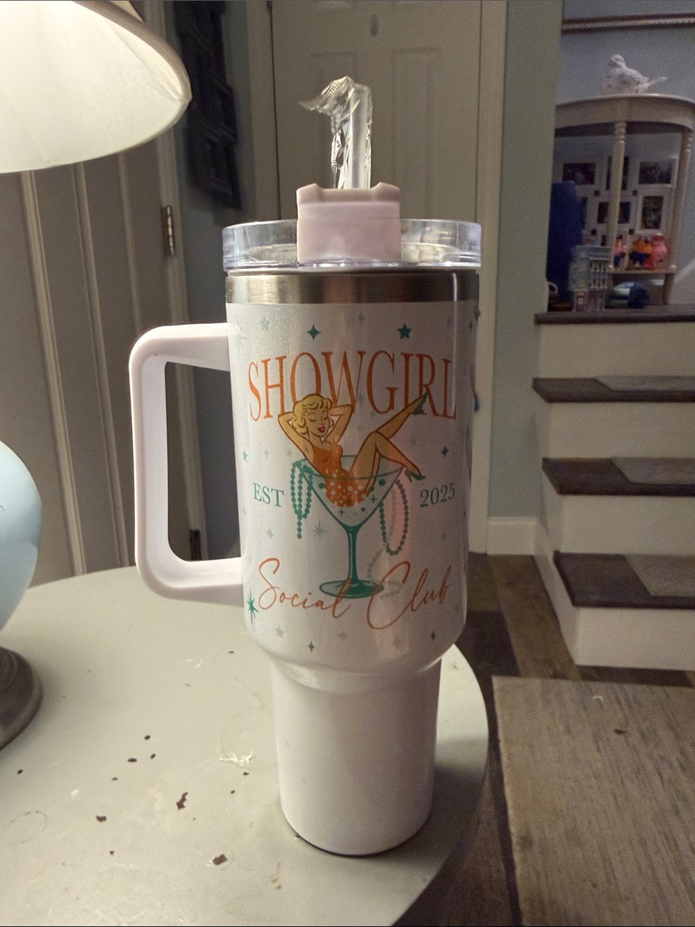 Showgirl Social Club White Travel Tumbler with Handle